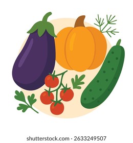 Set of vegetables including eggplant, pumpkin, cucumber, cherry tomatoes, and herbs. Flat cartoon vector illustration. Design for sticker, banner, poster, postcard, greeting card