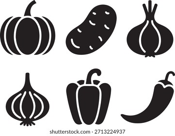 Conjunto de verduras, siluetas aisladas en blanco y negro, Ilustraciones vectoriales de productos frescos, comida mínima y concepto de alimentación saludable