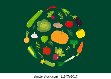 Set of vegetables. Isolated bright vegetables: tomato, cucumber, carrot, broccoli, etc. Can be used for education.