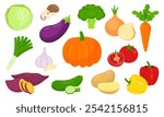 Set of vegetables isolated on white background. Pumpkin, onion, cabbage, potato, pepper, yam, cucumber, eggplant, leek, carrot, broccoli, garlic and tomato icon. Vector illustration in flat style.