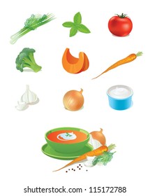 Set of vegetables isolated on white background with bowl of soup.