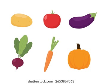 Conjunto de legumes isolados em um fundo branco. Vegetais em estilo cartoon.