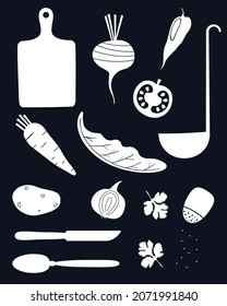 A set of vegetables and items for cooking. Soup recipe. Vector monochrome illustration.