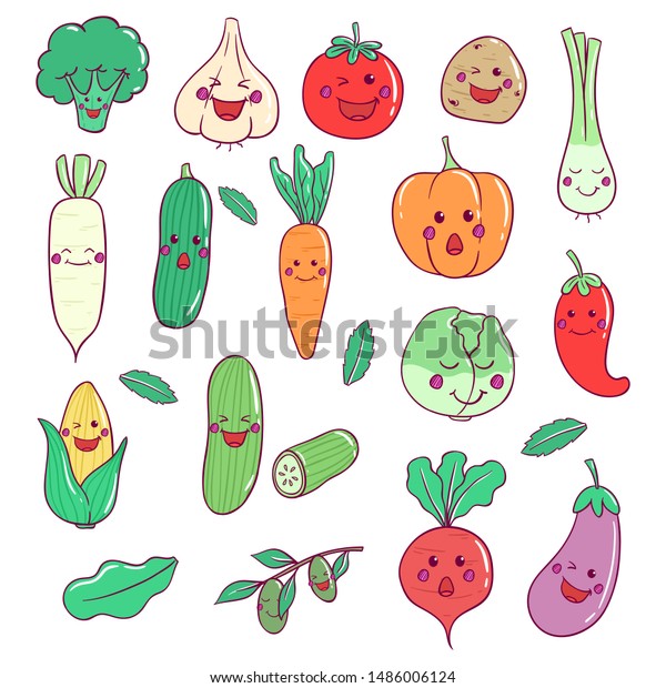 Set Vegetables Kawaii Face Doodle Art Stock Vector (Royalty Free ...