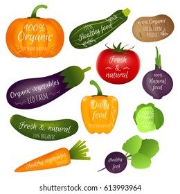 Set of vegetables labels with sample text. Collection of realistic icons for groceries, agriculture stores, local market, farm, eco products, packaging and advertising. Vector logo design.
