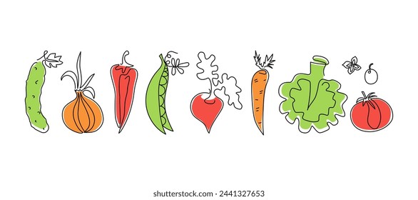 Set of vegetables, line art drawings. Vegetarian food. One line drawing. Vector graphics. Isolated background.