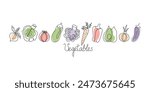 Set of vegetables, line art. Drawn icons, vitamin food. Natural vegetarian food. Healthy eating. Hand drawn text. Vector illustration, drawing, sketch.	