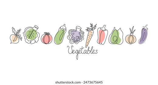 Set of vegetables, line art. Drawn icons, vitamin food. Natural vegetarian food. Healthy eating. Hand drawn text. Vector illustration, drawing, sketch.	