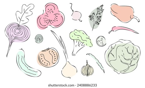 Set with vegetables in line art style. Vector illustration.