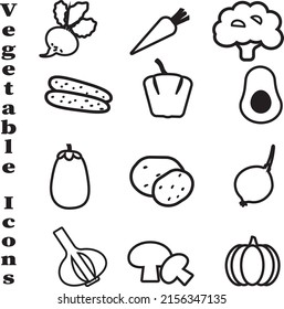 Set of vegetables line icons. Black vector illustrations on the white background. Healthy diet food concept.