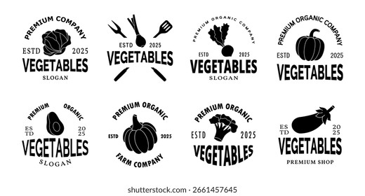 Set von Gemüse Logo-Vorlage. Bio-Gemüse-Logo für Bauernhof-Unternehmen oder Lebensmittel-Paket-Design. Natürliches vegetarisches Essen. Gesundes Essen.