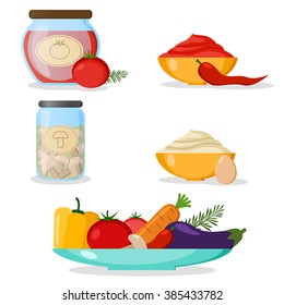 Set of vegetables, mayonnaise, chili sauce and canned food. Label. Vector illustration