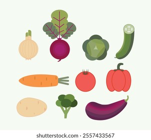 set of vegetables minimalistick, cartoony form. Onion, beet, cabbage, cucumber, carrot, tomato, pepper, potato, broccoli, eggplant, simple . Colouring book, print for children. Vector illustration