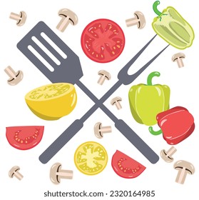 A set of vegetables and mushrooms with a silhouette of grilling utensils. Vector illustration on a white background.