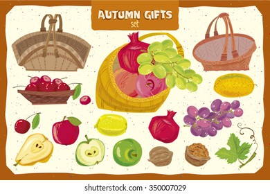 Set of vegetables and objects for artwork.Separate layers of objects and background for easy editing.Illustration done in cartoon style