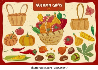 Set of vegetables and objects for artwork.Separate layers of objects and background for easy editing.Illustration done in cartoon style