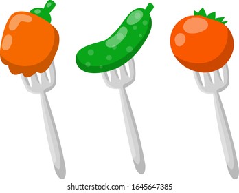 Conjunto de verduras en un tenedor. Tomate rojo, pimienta, pepino verde.Dieta sana. Veganismo y dieta. Cocina deliciosa. Cocina y restaurante. Dibujo plano de caricatura