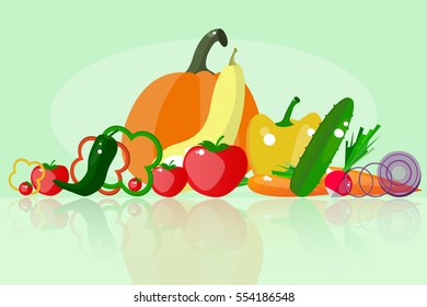 Set of vegetables on green background in flat design 