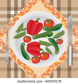 set of vegetables on a plate for breakfast on checkered tablecloth