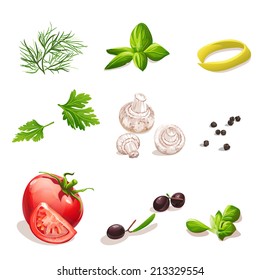 Set of vegetables on a white background dill, parsley, tomato, mushrooms, olives, basil, black pepper.