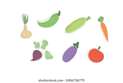 Set of vegetables. Onion, pepper, tomato, beet, zucchini, carrot, eggplant. Line art. Vector illustration. 