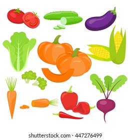 Set of vegetables. Organic vegetarian healthy food isolated on white background. Vector.