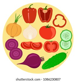 Set of vegetables. Pepper, tomato, cucumber, onion, beetroot. Sliced and halved vegetables. Vector illustration.
