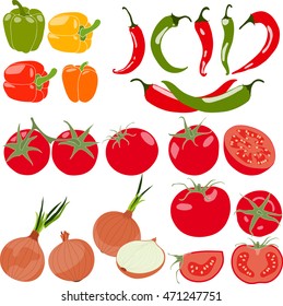 Set of vegetables with peppers, chili pepper, tomatos, onion, vector illustration, isolated, on white background.
