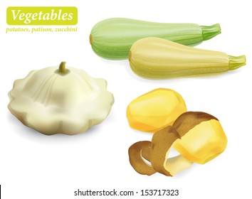 Set of vegetables potatoes, squash, zucchini, isolated on white, vector