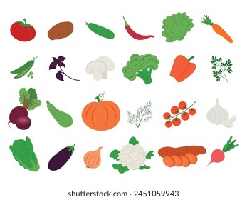 Set of vegetables, printable, icons, children's illustrations for play set, learning about vegetables. Vector illustration of hand drawn colored vegetable icons in flat style.