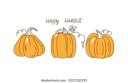 A set of vegetables, pumpkin drawings. Contour drawing, doodle, colored spots. Harvest, food. Autumn season. Halloween. Vector illustration. Background white isolated background.