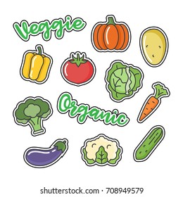 Set of vegetables related stickers, patches of cauliflower, cabbage, eggplant, carrot, pepper, pumpkin.