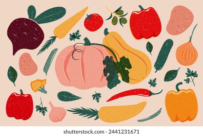 Set of vegetables in risograph style