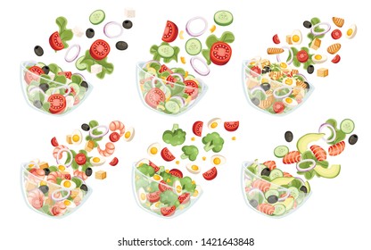 Set of vegetables salad with different ingredients. Salad fall to transparent bowl. Fresh vegetables cartoon icon design food. Flat vector illustration isolated on white background