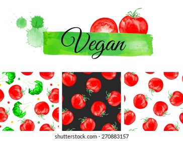 Set of vegetables Seamless Vector patterns. Watercolor background. Vegetarian food. Can be used for wallpaper, pack, web page, banners.