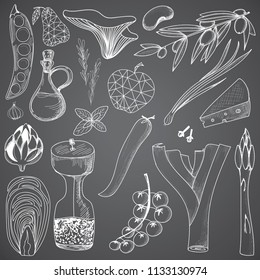 Set of vegetables and seasonings realistically drawn on a gray background in white.