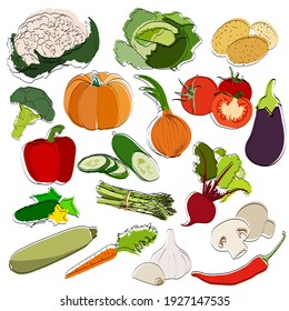 Set of vegetables. Silhouettes. Flat vector illustration. 