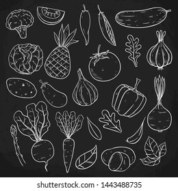 Set of Vegetables With Sketch or Hand Drawn Style on Blackboard Background