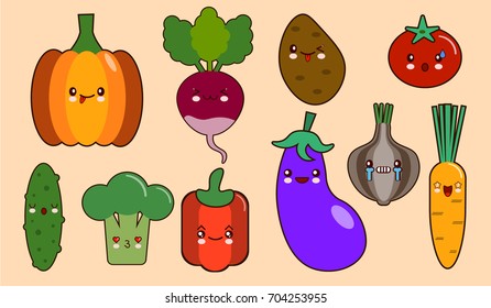 set of vegetables smiley face kawaii characters. pepper, tomato, garlic, onion, chili, potato, cucumber Flat design Vector Illustration