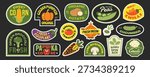 Set of vegetables stickers, badges, and tags. Pumpkin, cabbage, peas, carrot, tomato, mushroom. Healthy eat concept in trendy retro style.