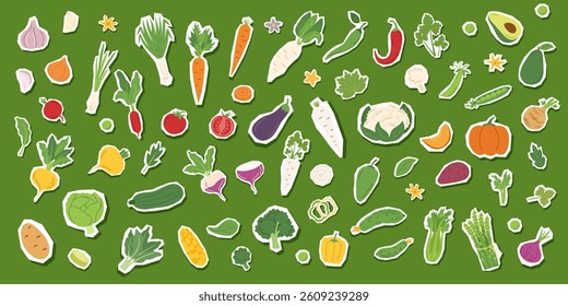 Set of vegetables stickers isolated on green background. Gardening, food, healthy eating and harvest concept elements. Vector flat hand drawn cliparts.