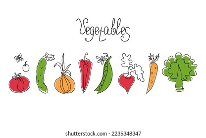 Set of vegetables in the style of line art. Vegetarian food. One line drawing. Vector graphics. Isolated background.	