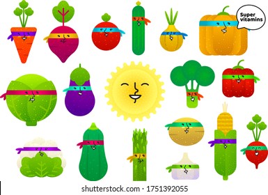 A set of vegetables superheroes are always ready to come to the rescue by the power of vitamins.
