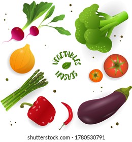 Set of vegetables. Tomato, broccoli, paprika, pepper, basil, eggplant, radish, onion, asparagus. Isolated 3d vector icon set