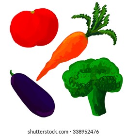Set of vegetables. Tomato, carrots, broccoli, eggplant. 