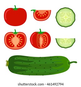 Set of vegetables - tomato and cucumber in flat style. Vegetarian food illustration. Slices of tomato and cucumber.