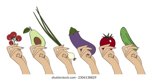 Set of vegetables - tomato, eggplant, cherry tomatoes, avocado, onion, cucumber. A symbol of healthy eating. Vector illustration.  