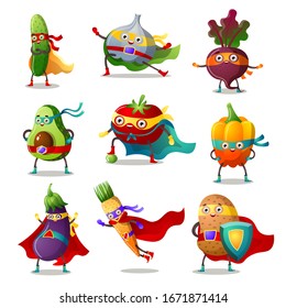 Set of vegetables in traditional costumes of superhero vector illustration