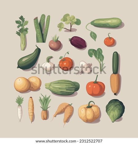 Set of vegetables with a transparent background, focusing on organic shapes and soft lines