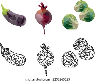 set of vegetables from triangles: eggplant, beets and cabbage